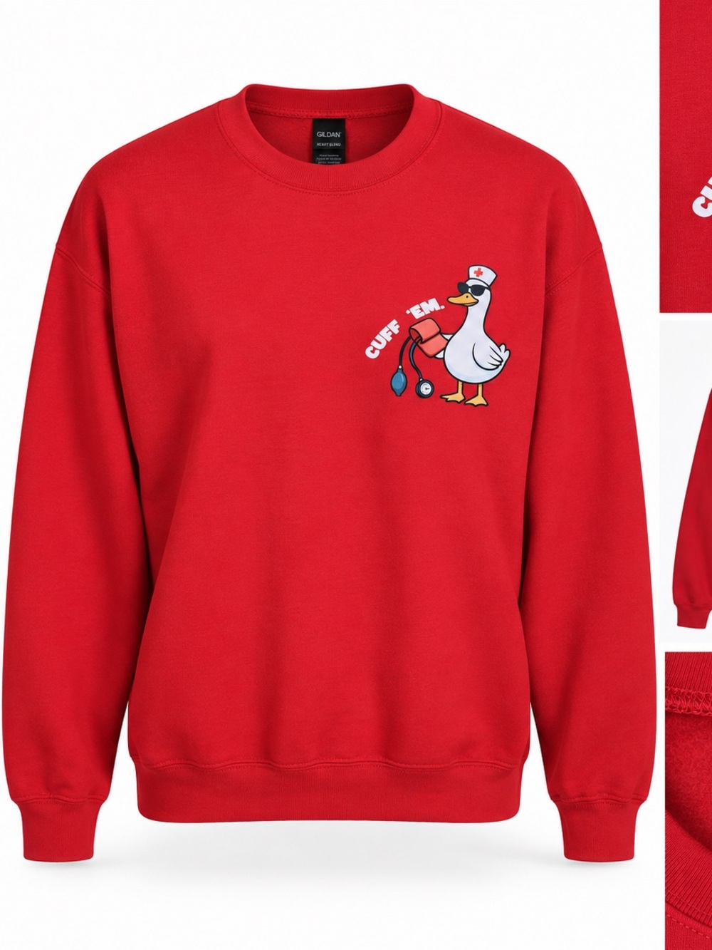 Gildan Heavy Blend Cuff ’Em Nurse Duck Red Graphic Crewneck Sweatshirt Size L.
